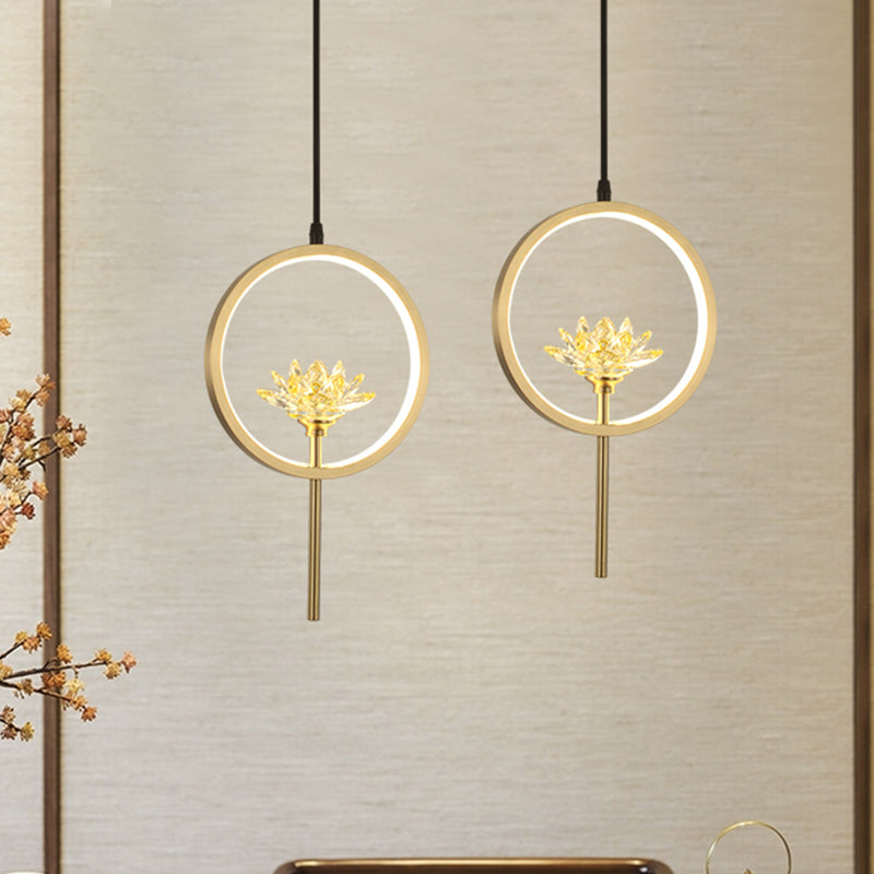Minimalistic Lotus Pendant Lamp Crystal LED Hanging Light Fixture with Ring Arm in Gold Gold Clearhalo 'Ceiling Lights' 'Modern Pendants' 'Modern' 'Pendant Lights' 'Pendants' Lighting' 787927