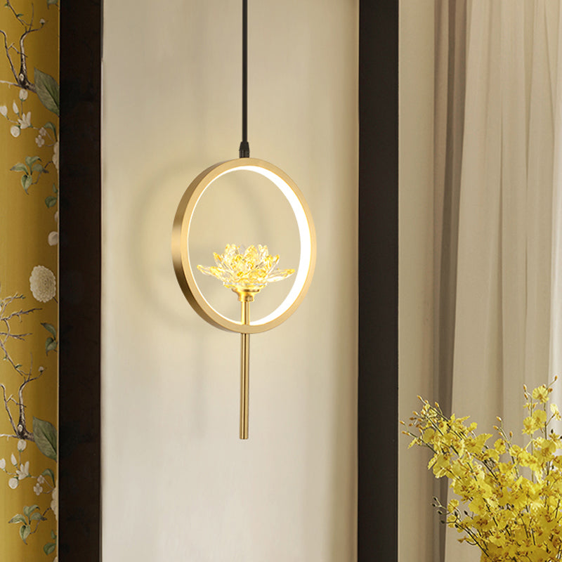 Minimalistic Lotus Pendant Lamp Crystal LED Hanging Light Fixture with Ring Arm in Gold Clearhalo 'Ceiling Lights' 'Modern Pendants' 'Modern' 'Pendant Lights' 'Pendants' Lighting' 787928