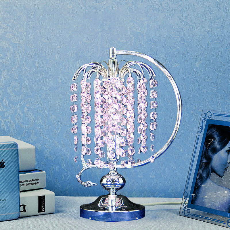 1-Head Drooping Tassel Night Light Retro Pink/Yellow/Blue Crystal Table Lighting with Polished Chrome C Arm Pink Clearhalo 'Lamps' 'Table Lamps' Lighting' 788065