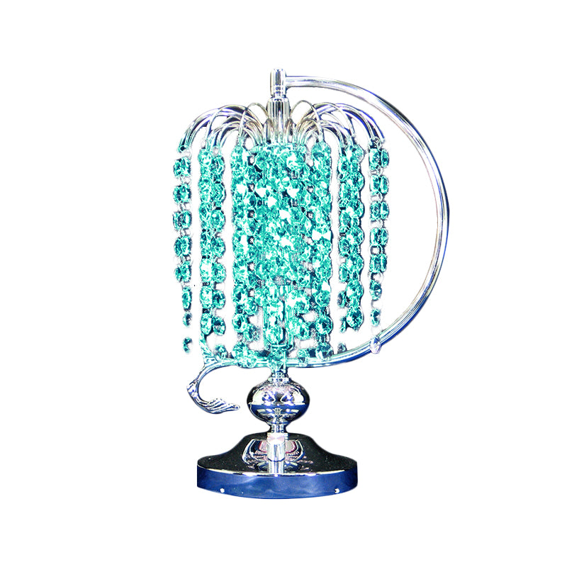 1-Head Drooping Tassel Night Light Retro Pink/Yellow/Blue Crystal Table Lighting with Polished Chrome C Arm Clearhalo 'Lamps' 'Table Lamps' Lighting' 788075