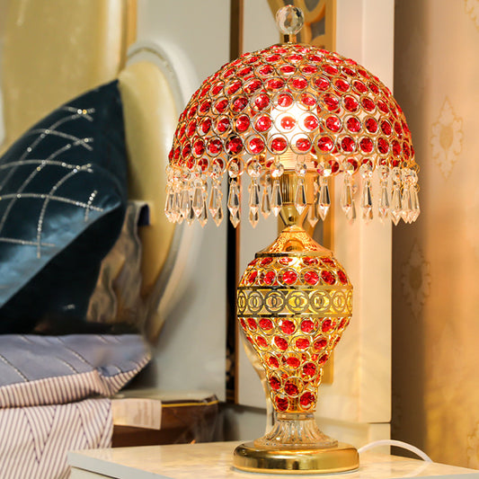 Retro Vase Pot Table Light Single Red Crystal Night Lamp with Dome Lampshade and Droplet in Gold Gold Clearhalo 'Lamps' 'Table Lamps' Lighting' 788102