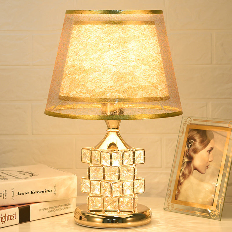 1 Head Rose Printed Fabric Table Lamp Vintage Romantic Red/Gold Dual Cone Shade Night Light with Cube Crystal Base Clearhalo 'Lamps' 'Table Lamps' Lighting' 788112