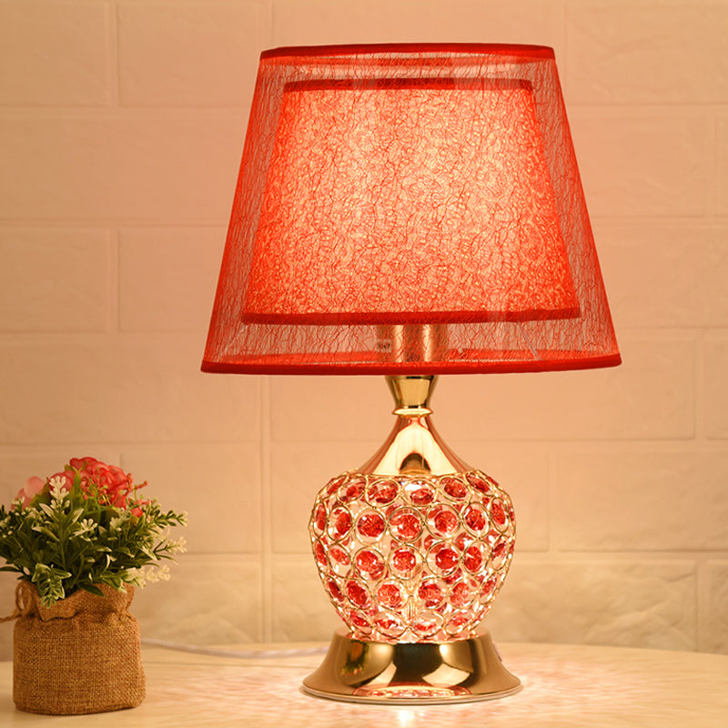 1 Light Night Stand Lamp Retro Urn Shape Crystal Embedded Table Lighting with Dual Empire Shade in Red/Gold Clearhalo 'Lamps' 'Table Lamps' Lighting' 788119