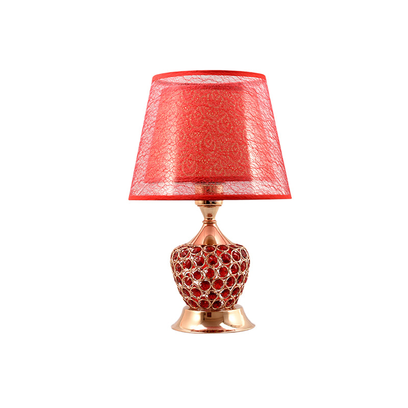 1 Light Night Stand Lamp Retro Urn Shape Crystal Embedded Table Lighting with Dual Empire Shade in Red/Gold Clearhalo 'Lamps' 'Table Lamps' Lighting' 788120