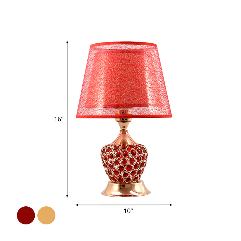 1 Light Night Stand Lamp Retro Urn Shape Crystal Embedded Table Lighting with Dual Empire Shade in Red/Gold Clearhalo 'Lamps' 'Table Lamps' Lighting' 788121