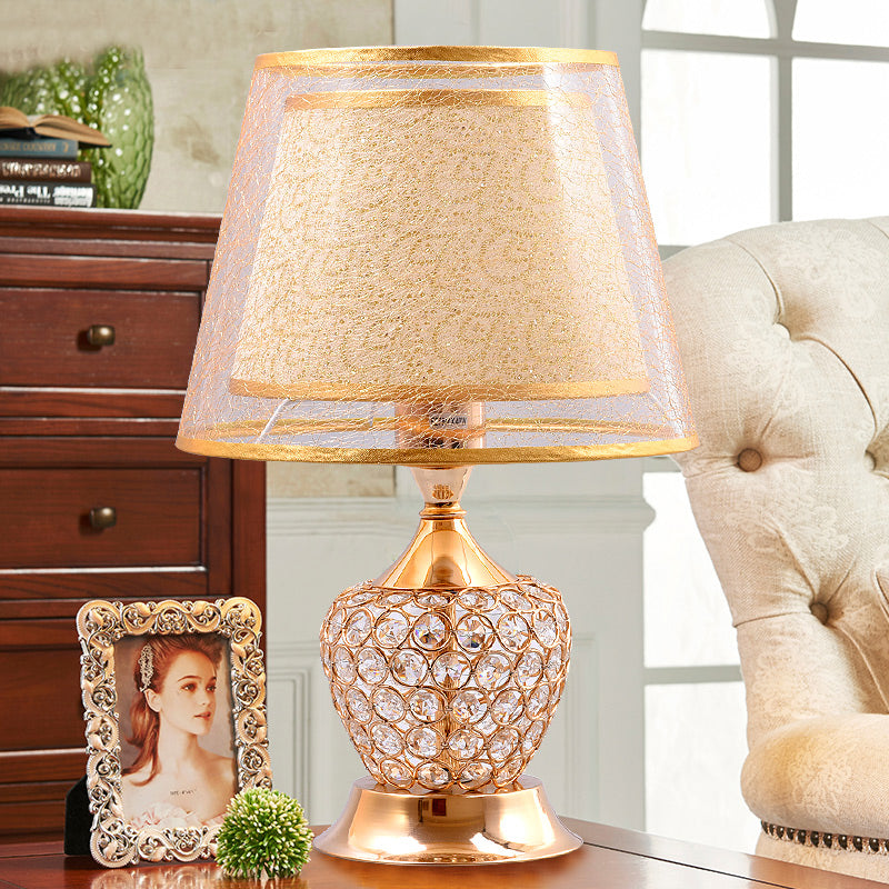1 Light Night Stand Lamp Retro Urn Shape Crystal Embedded Table Lighting with Dual Empire Shade in Red/Gold Gold Clearhalo 'Lamps' 'Table Lamps' Lighting' 788122