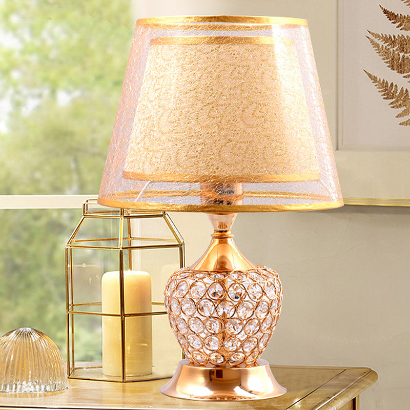 1 Light Night Stand Lamp Retro Urn Shape Crystal Embedded Table Lighting with Dual Empire Shade in Red/Gold Clearhalo 'Lamps' 'Table Lamps' Lighting' 788124