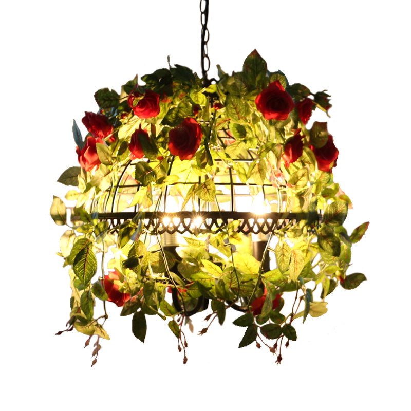 Dome Cage Dining Room Chandelier Factory Metal 3-Light Red/Pink Drop Pendant with Fake Blossom Deco Clearhalo 'Cast Iron' 'Ceiling Lights' 'Chandeliers' 'Industrial Chandeliers' 'Industrial' 'Metal' 'Middle Century Chandeliers' 'Rustic Chandeliers' 'Tiffany' Lighting' 790216