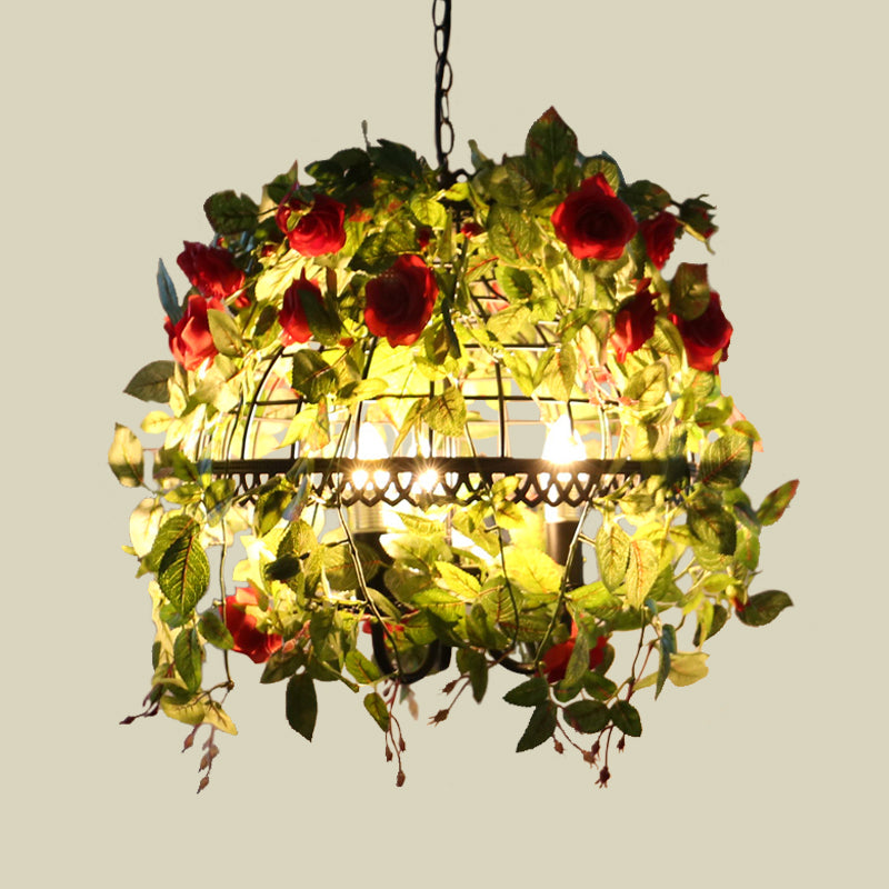 Dome Cage Dining Room Chandelier Factory Metal 3-Light Red/Pink Drop Pendant with Fake Blossom Deco Clearhalo 'Cast Iron' 'Ceiling Lights' 'Chandeliers' 'Industrial Chandeliers' 'Industrial' 'Metal' 'Middle Century Chandeliers' 'Rustic Chandeliers' 'Tiffany' Lighting' 790217