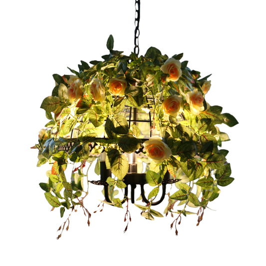 Dome Cage Dining Room Chandelier Factory Metal 3-Light Red/Pink Drop Pendant with Fake Blossom Deco Clearhalo 'Cast Iron' 'Ceiling Lights' 'Chandeliers' 'Industrial Chandeliers' 'Industrial' 'Metal' 'Middle Century Chandeliers' 'Rustic Chandeliers' 'Tiffany' Lighting' 790222