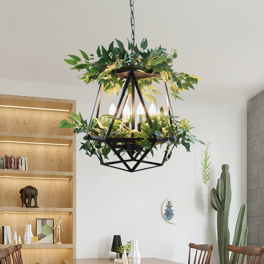 4-Bulb Metal Chandelier Pendant Light Antiqued Style Black Prism Cage Dining Room Suspension Lamp with Plant Deco Clearhalo 'Cast Iron' 'Ceiling Lights' 'Chandeliers' 'Industrial Chandeliers' 'Industrial' 'Metal' 'Middle Century Chandeliers' 'Rustic Chandeliers' 'Tiffany' Lighting' 790224