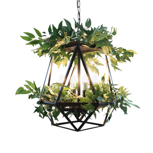 4-Bulb Metal Chandelier Pendant Light Antiqued Style Black Prism Cage Dining Room Suspension Lamp with Plant Deco Clearhalo 'Cast Iron' 'Ceiling Lights' 'Chandeliers' 'Industrial Chandeliers' 'Industrial' 'Metal' 'Middle Century Chandeliers' 'Rustic Chandeliers' 'Tiffany' Lighting' 790225