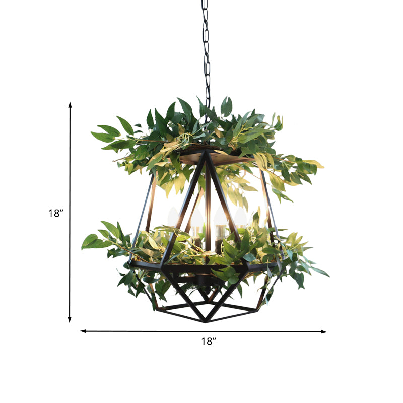 4-Bulb Metal Chandelier Pendant Light Antiqued Style Black Prism Cage Dining Room Suspension Lamp with Plant Deco Clearhalo 'Cast Iron' 'Ceiling Lights' 'Chandeliers' 'Industrial Chandeliers' 'Industrial' 'Metal' 'Middle Century Chandeliers' 'Rustic Chandeliers' 'Tiffany' Lighting' 790226