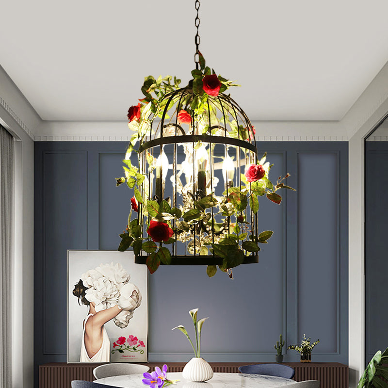 Black 4 Lights Chandelier Light Farmhouse Metallic Birdcage Pendant Lamp with Pink Flower/Green Plant Deco Clearhalo 'Cast Iron' 'Ceiling Lights' 'Chandeliers' 'Industrial Chandeliers' 'Industrial' 'Metal' 'Middle Century Chandeliers' 'Rustic Chandeliers' 'Tiffany' Lighting' 790228
