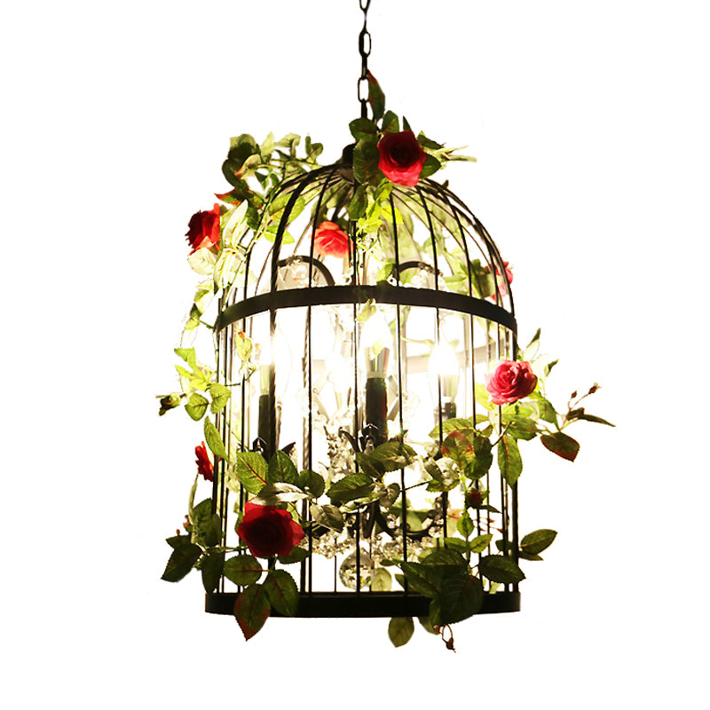 Black 4 Lights Chandelier Light Farmhouse Metallic Birdcage Pendant Lamp with Pink Flower/Green Plant Deco Clearhalo 'Cast Iron' 'Ceiling Lights' 'Chandeliers' 'Industrial Chandeliers' 'Industrial' 'Metal' 'Middle Century Chandeliers' 'Rustic Chandeliers' 'Tiffany' Lighting' 790229