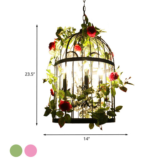 Black 4 Lights Chandelier Light Farmhouse Metallic Birdcage Pendant Lamp with Pink Flower/Green Plant Deco Clearhalo 'Cast Iron' 'Ceiling Lights' 'Chandeliers' 'Industrial Chandeliers' 'Industrial' 'Metal' 'Middle Century Chandeliers' 'Rustic Chandeliers' 'Tiffany' Lighting' 790230