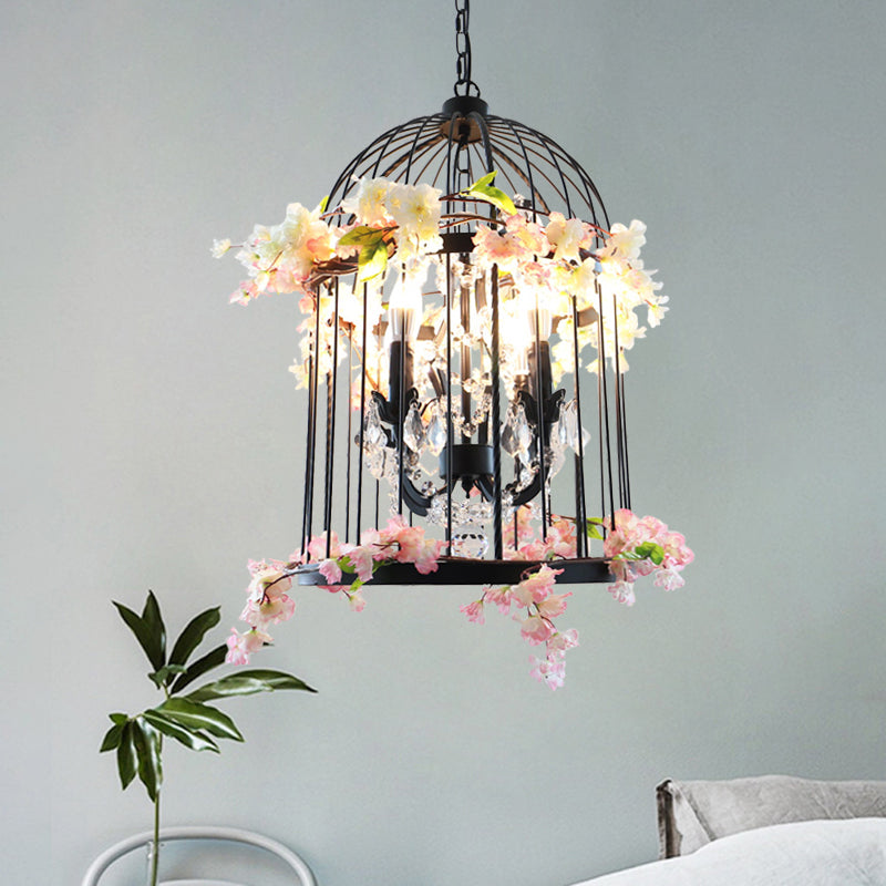 Black 4 Lights Chandelier Light Farmhouse Metallic Birdcage Pendant Lamp with Pink Flower/Green Plant Deco Pink Clearhalo 'Cast Iron' 'Ceiling Lights' 'Chandeliers' 'Industrial Chandeliers' 'Industrial' 'Metal' 'Middle Century Chandeliers' 'Rustic Chandeliers' 'Tiffany' Lighting' 790231