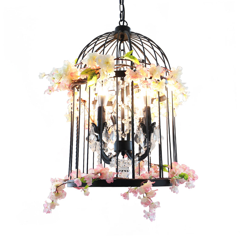 Black 4 Lights Chandelier Light Farmhouse Metallic Birdcage Pendant Lamp with Pink Flower/Green Plant Deco Clearhalo 'Cast Iron' 'Ceiling Lights' 'Chandeliers' 'Industrial Chandeliers' 'Industrial' 'Metal' 'Middle Century Chandeliers' 'Rustic Chandeliers' 'Tiffany' Lighting' 790233