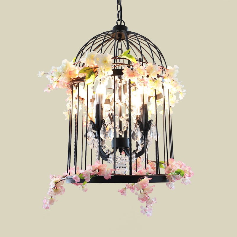 Black 4 Lights Chandelier Light Farmhouse Metallic Birdcage Pendant Lamp with Pink Flower/Green Plant Deco Clearhalo 'Cast Iron' 'Ceiling Lights' 'Chandeliers' 'Industrial Chandeliers' 'Industrial' 'Metal' 'Middle Century Chandeliers' 'Rustic Chandeliers' 'Tiffany' Lighting' 790234
