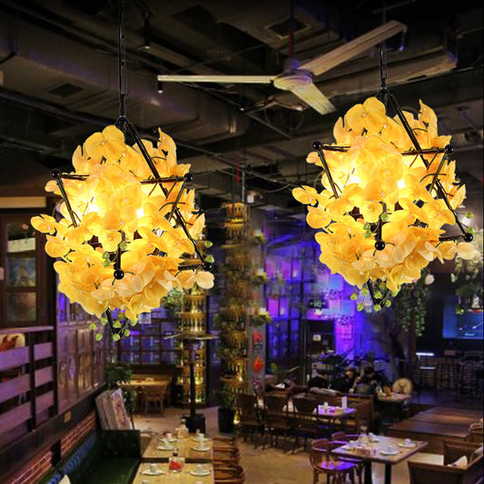 Metal Star Frame Chandelier Lamp Retro Style 4 Lights Restaurant Suspension Pendant with Yellow/Rose Red Floral Yellow Clearhalo 'Cast Iron' 'Ceiling Lights' 'Chandeliers' 'Industrial Chandeliers' 'Industrial' 'Metal' 'Middle Century Chandeliers' 'Rustic Chandeliers' 'Tiffany' Lighting' 790235
