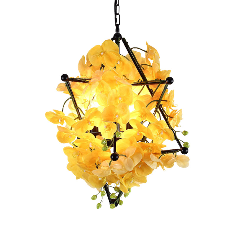 Metal Star Frame Chandelier Lamp Retro Style 4 Lights Restaurant Suspension Pendant with Yellow/Rose Red Floral Clearhalo 'Cast Iron' 'Ceiling Lights' 'Chandeliers' 'Industrial Chandeliers' 'Industrial' 'Metal' 'Middle Century Chandeliers' 'Rustic Chandeliers' 'Tiffany' Lighting' 790236