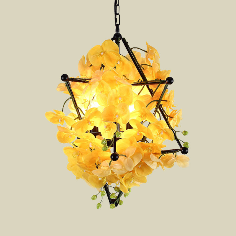 Metal Star Frame Chandelier Lamp Retro Style 4 Lights Restaurant Suspension Pendant with Yellow/Rose Red Floral Clearhalo 'Cast Iron' 'Ceiling Lights' 'Chandeliers' 'Industrial Chandeliers' 'Industrial' 'Metal' 'Middle Century Chandeliers' 'Rustic Chandeliers' 'Tiffany' Lighting' 790237