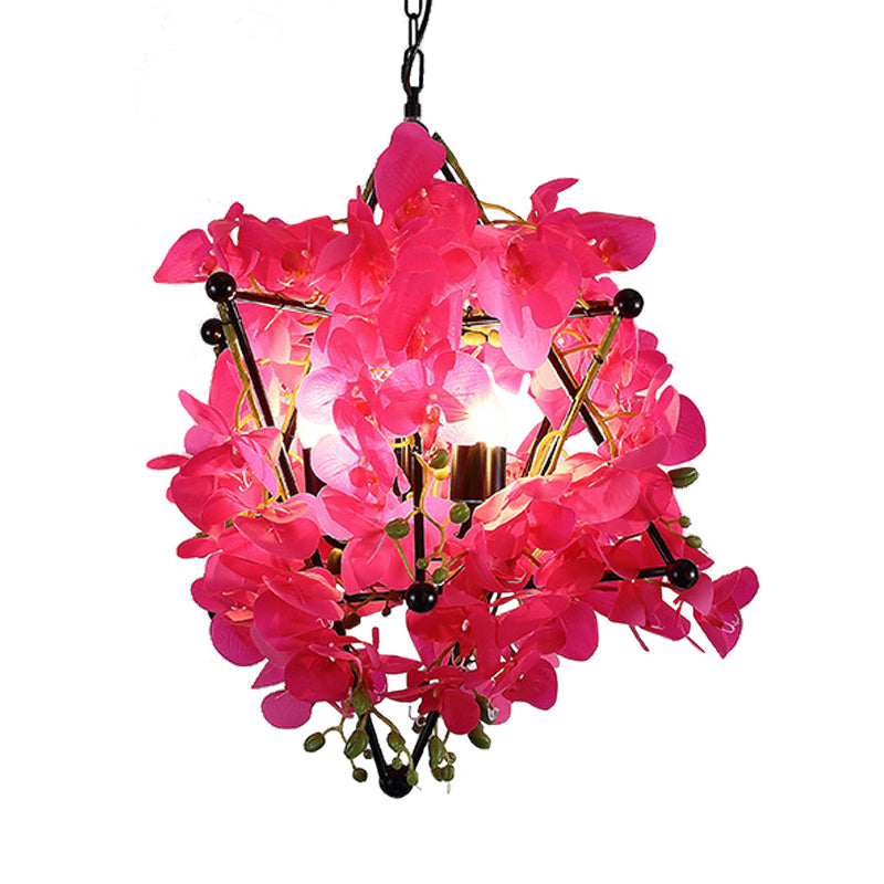 Metal Star Frame Chandelier Lamp Retro Style 4 Lights Restaurant Suspension Pendant with Yellow/Rose Red Floral Clearhalo 'Cast Iron' 'Ceiling Lights' 'Chandeliers' 'Industrial Chandeliers' 'Industrial' 'Metal' 'Middle Century Chandeliers' 'Rustic Chandeliers' 'Tiffany' Lighting' 790242