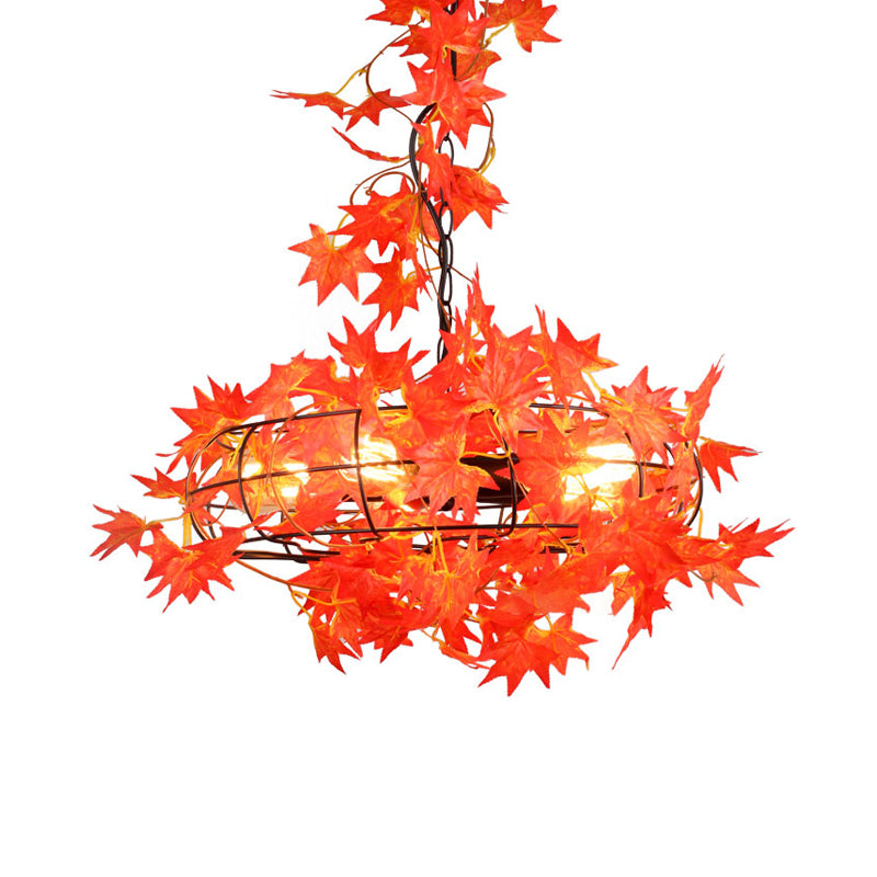 5 Lights Ceiling Chandelier Farmhouse Fan Cage Iron Drop Pendant with Orange and Red Maple Leaf/Red Rose Deco Clearhalo 'Cast Iron' 'Ceiling Lights' 'Chandeliers' 'Industrial Chandeliers' 'Industrial' 'Metal' 'Middle Century Chandeliers' 'Rustic Chandeliers' 'Tiffany' Lighting' 790252