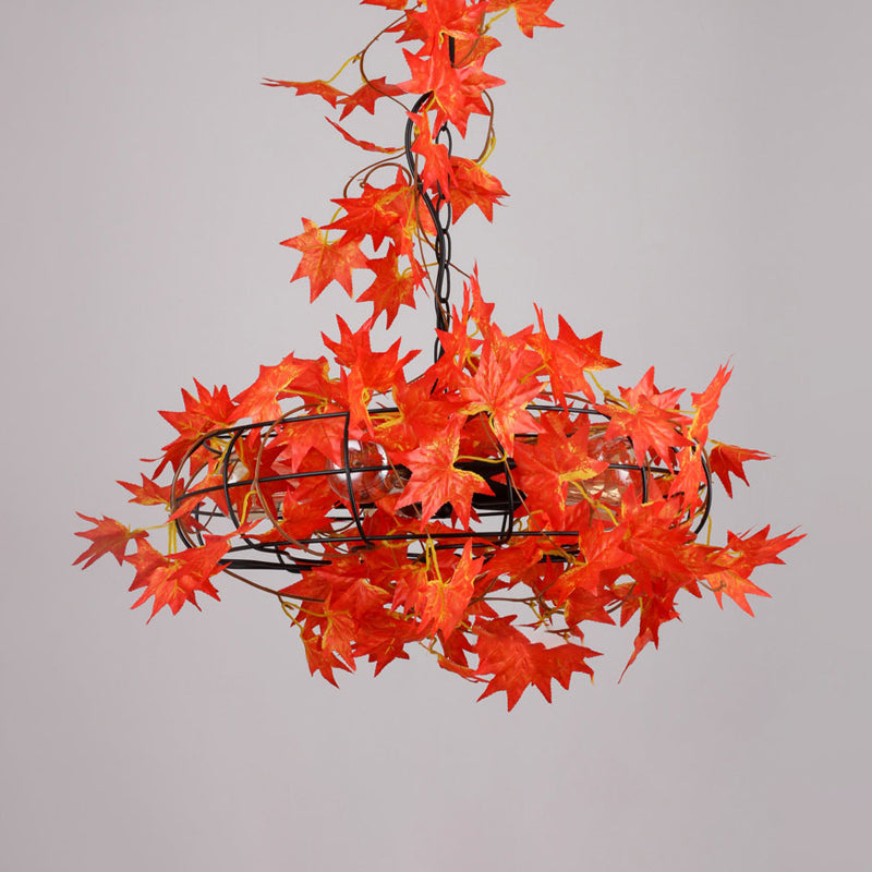 5 Lights Ceiling Chandelier Farmhouse Fan Cage Iron Drop Pendant with Orange and Red Maple Leaf/Red Rose Deco Clearhalo 'Cast Iron' 'Ceiling Lights' 'Chandeliers' 'Industrial Chandeliers' 'Industrial' 'Metal' 'Middle Century Chandeliers' 'Rustic Chandeliers' 'Tiffany' Lighting' 790253
