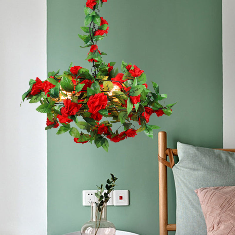 5 Lights Ceiling Chandelier Farmhouse Fan Cage Iron Drop Pendant with Orange and Red Maple Leaf/Red Rose Deco Clearhalo 'Cast Iron' 'Ceiling Lights' 'Chandeliers' 'Industrial Chandeliers' 'Industrial' 'Metal' 'Middle Century Chandeliers' 'Rustic Chandeliers' 'Tiffany' Lighting' 790256