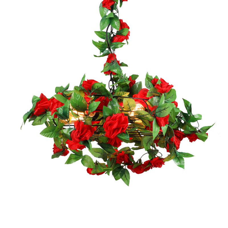 5 Lights Ceiling Chandelier Farmhouse Fan Cage Iron Drop Pendant with Orange and Red Maple Leaf/Red Rose Deco Clearhalo 'Cast Iron' 'Ceiling Lights' 'Chandeliers' 'Industrial Chandeliers' 'Industrial' 'Metal' 'Middle Century Chandeliers' 'Rustic Chandeliers' 'Tiffany' Lighting' 790258