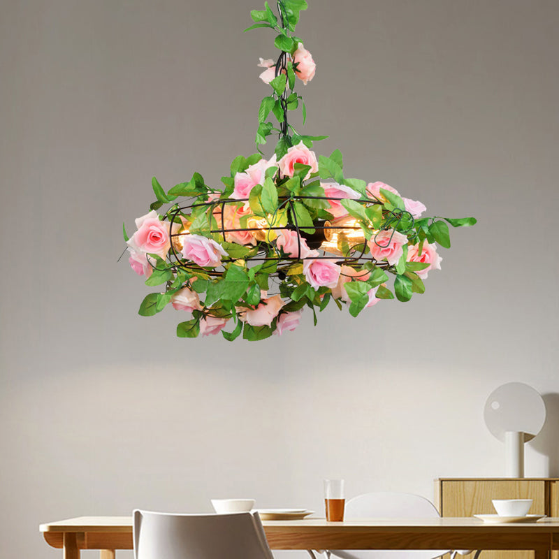 5 Lights Ceiling Chandelier Farmhouse Fan Cage Iron Drop Pendant with Orange and Red Maple Leaf/Red Rose Deco Clearhalo 'Cast Iron' 'Ceiling Lights' 'Chandeliers' 'Industrial Chandeliers' 'Industrial' 'Metal' 'Middle Century Chandeliers' 'Rustic Chandeliers' 'Tiffany' Lighting' 790260