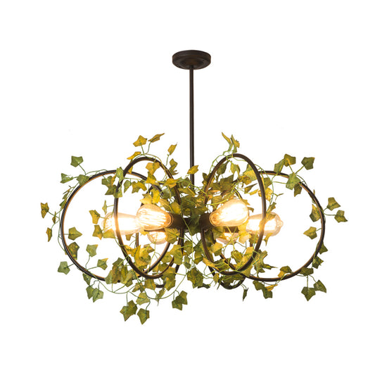Black Round/Rectangle Hanging Chandelier Farm Style Metallic 6 Lights Dining Room Suspension Pendant with Green Plant Deco Clearhalo 'Cast Iron' 'Ceiling Lights' 'Chandeliers' 'Industrial Chandeliers' 'Industrial' 'Metal' 'Middle Century Chandeliers' 'Rustic Chandeliers' 'Tiffany' Lighting' 790264