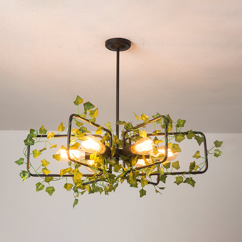 Black Round/Rectangle Hanging Chandelier Farm Style Metallic 6 Lights Dining Room Suspension Pendant with Green Plant Deco Clearhalo 'Cast Iron' 'Ceiling Lights' 'Chandeliers' 'Industrial Chandeliers' 'Industrial' 'Metal' 'Middle Century Chandeliers' 'Rustic Chandeliers' 'Tiffany' Lighting' 790270