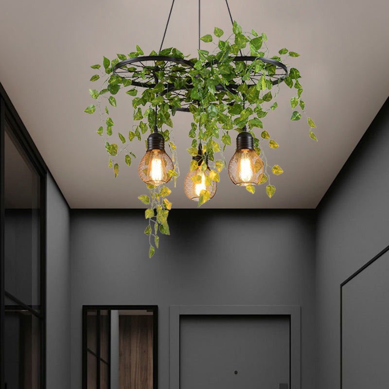 21.5"/35.5" W 3 Heads Metal Cluster Pendant Warehouse Black Wheel and Orb Cage Dining Room Hanging Lamp with Green Vine Clearhalo 'Art Deco Pendants' 'Cast Iron' 'Ceiling Lights' 'Ceramic' 'Crystal' 'Industrial Pendants' 'Industrial' 'Metal' 'Middle Century Pendants' 'Pendant Lights' 'Pendants' 'Tiffany' Lighting' 790273