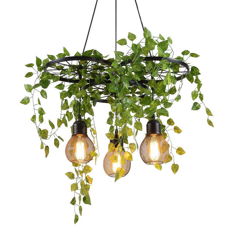 21.5"/35.5" W 3 Heads Metal Cluster Pendant Warehouse Black Wheel and Orb Cage Dining Room Hanging Lamp with Green Vine Clearhalo 'Art Deco Pendants' 'Cast Iron' 'Ceiling Lights' 'Ceramic' 'Crystal' 'Industrial Pendants' 'Industrial' 'Metal' 'Middle Century Pendants' 'Pendant Lights' 'Pendants' 'Tiffany' Lighting' 790274