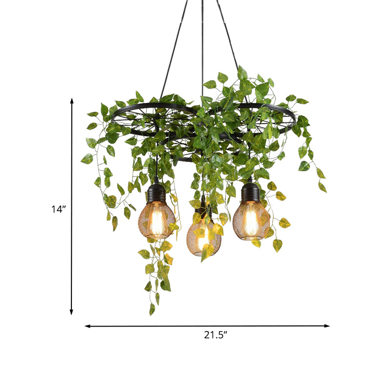 21.5"/35.5" W 3 Heads Metal Cluster Pendant Warehouse Black Wheel and Orb Cage Dining Room Hanging Lamp with Green Vine Clearhalo 'Art Deco Pendants' 'Cast Iron' 'Ceiling Lights' 'Ceramic' 'Crystal' 'Industrial Pendants' 'Industrial' 'Metal' 'Middle Century Pendants' 'Pendant Lights' 'Pendants' 'Tiffany' Lighting' 790275