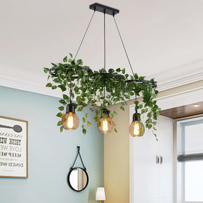 21.5"/35.5" W 3 Heads Metal Cluster Pendant Warehouse Black Wheel and Orb Cage Dining Room Hanging Lamp with Green Vine Clearhalo 'Art Deco Pendants' 'Cast Iron' 'Ceiling Lights' 'Ceramic' 'Crystal' 'Industrial Pendants' 'Industrial' 'Metal' 'Middle Century Pendants' 'Pendant Lights' 'Pendants' 'Tiffany' Lighting' 790278