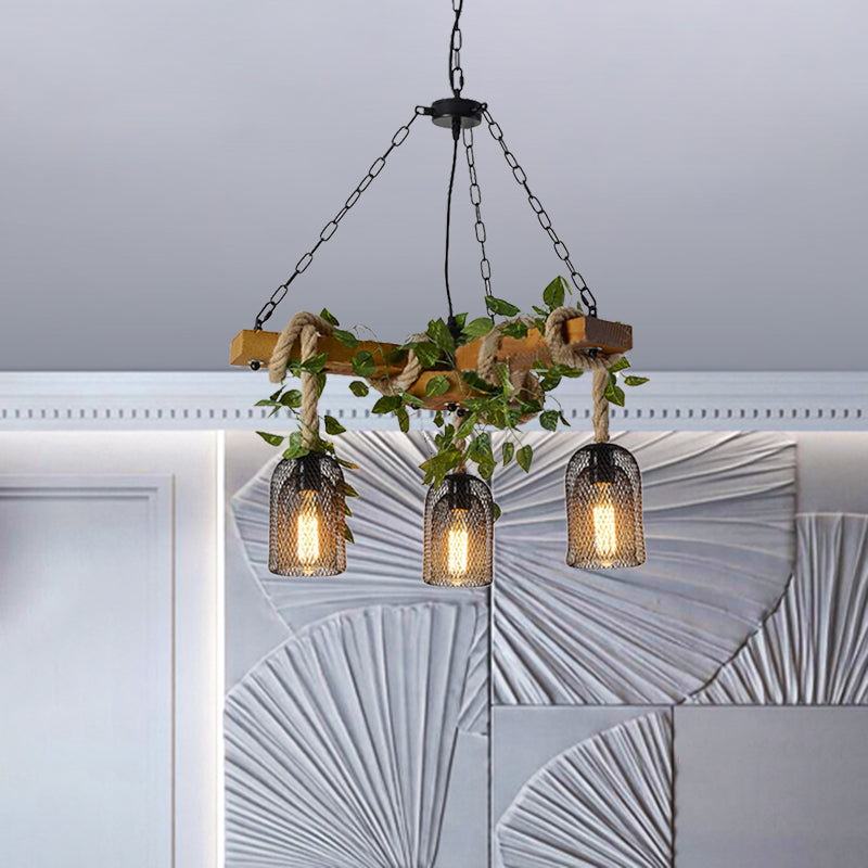 Metal Brown Chandelier Pendant Light Bell Cage 3-Head Vintage Rope Hanging Lamp Kit with Wood Branch Beam Deco Brown Clearhalo 'Cast Iron' 'Ceiling Lights' 'Chandeliers' 'Industrial Chandeliers' 'Industrial' 'Metal' 'Middle Century Chandeliers' 'Rustic Chandeliers' 'Tiffany' Lighting' 790290