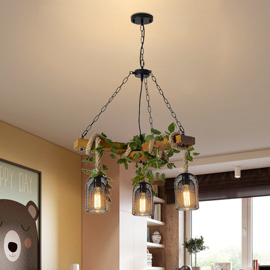 Metal Brown Chandelier Pendant Light Bell Cage 3-Head Vintage Rope Hanging Lamp Kit with Wood Branch Beam Deco Clearhalo 'Cast Iron' 'Ceiling Lights' 'Chandeliers' 'Industrial Chandeliers' 'Industrial' 'Metal' 'Middle Century Chandeliers' 'Rustic Chandeliers' 'Tiffany' Lighting' 790291