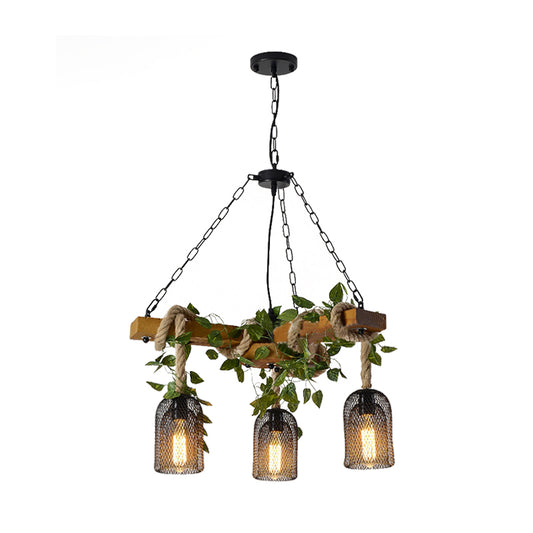 Metal Brown Chandelier Pendant Light Bell Cage 3-Head Vintage Rope Hanging Lamp Kit with Wood Branch Beam Deco Clearhalo 'Cast Iron' 'Ceiling Lights' 'Chandeliers' 'Industrial Chandeliers' 'Industrial' 'Metal' 'Middle Century Chandeliers' 'Rustic Chandeliers' 'Tiffany' Lighting' 790292