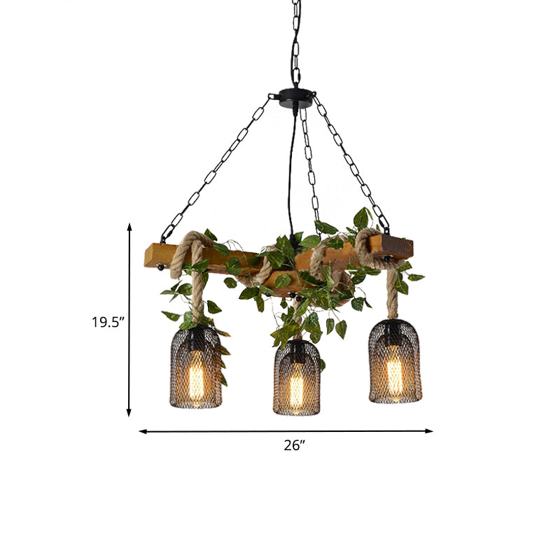 Metal Brown Chandelier Pendant Light Bell Cage 3-Head Vintage Rope Hanging Lamp Kit with Wood Branch Beam Deco Clearhalo 'Cast Iron' 'Ceiling Lights' 'Chandeliers' 'Industrial Chandeliers' 'Industrial' 'Metal' 'Middle Century Chandeliers' 'Rustic Chandeliers' 'Tiffany' Lighting' 790293
