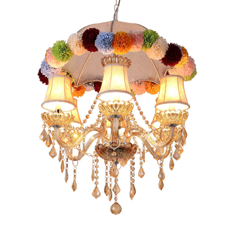 Retro Paneled Bell Suspension Lamp 6-Bulb Fabric Chandelier in Pink with with Crystal Accent and Floral Ball Ornament Clearhalo 'Ceiling Lights' 'Chandeliers' 'Industrial Chandeliers' 'Industrial' 'Middle Century Chandeliers' 'Tiffany' Lighting' 790295