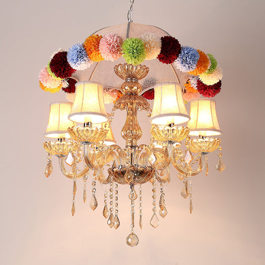 Retro Paneled Bell Suspension Lamp 6-Bulb Fabric Chandelier in Pink with with Crystal Accent and Floral Ball Ornament Clearhalo 'Ceiling Lights' 'Chandeliers' 'Industrial Chandeliers' 'Industrial' 'Middle Century Chandeliers' 'Tiffany' Lighting' 790296