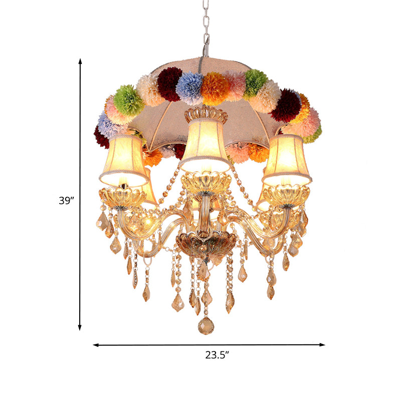 Retro Paneled Bell Suspension Lamp 6-Bulb Fabric Chandelier in Pink with with Crystal Accent and Floral Ball Ornament Clearhalo 'Ceiling Lights' 'Chandeliers' 'Industrial Chandeliers' 'Industrial' 'Middle Century Chandeliers' 'Tiffany' Lighting' 790297
