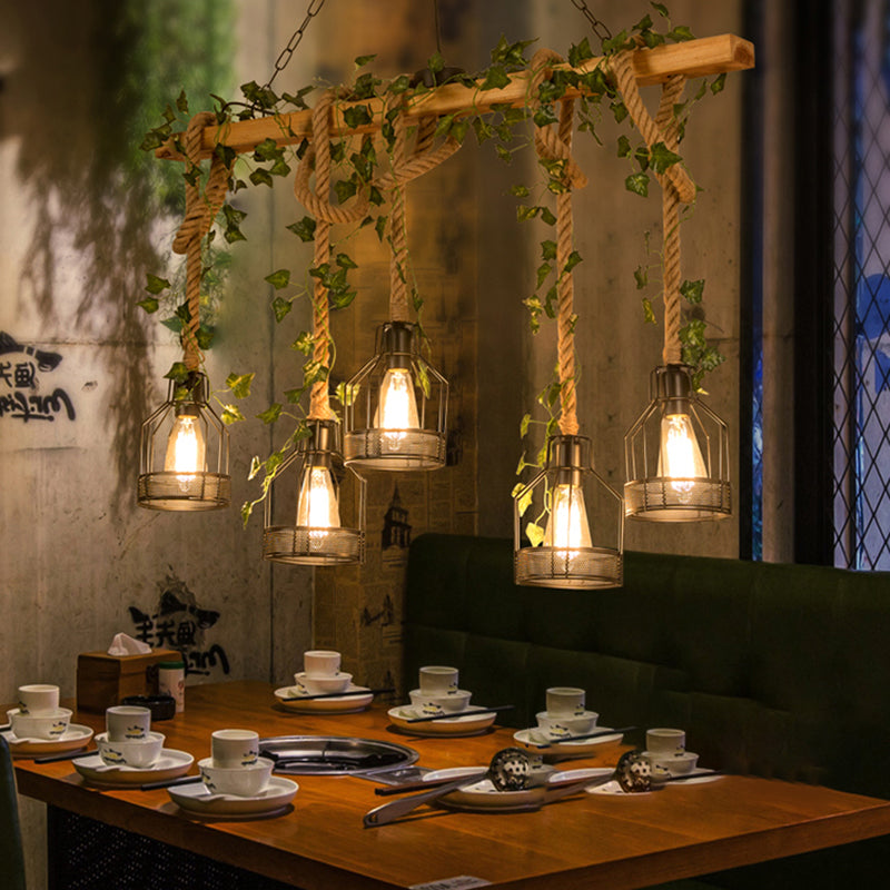 Metal Caged Island Pendant Light Industrial 3/5 Lights Dining Room Rope Hanging Lamp in Brown with Wood Beam Clearhalo 'Ceiling Lights' 'Island Lights' Lighting' 790299