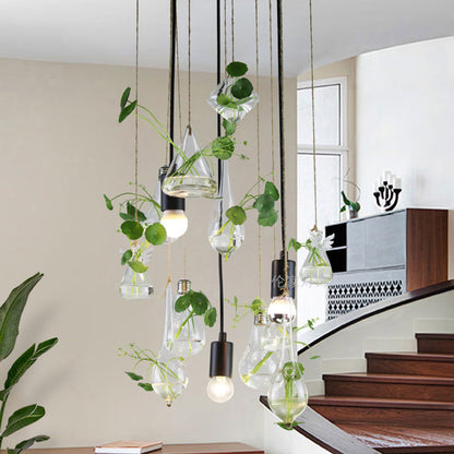 hanging light planter Green 3-Light Planter Cluster Pendant Industrial Clear Glass Teardrop Ceiling Hang Fixture with Open Bulb