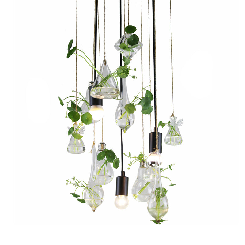Green 3-Light Planter Cluster Pendant Industrial Clear Glass Teardrop Ceiling Hang Fixture with Open Bulb Clearhalo 'Ceiling Lights' 'Chandeliers' 'Glass shade' 'Glass' 'Industrial Pendants' 'Industrial' 'Middle Century Pendants' 'Pendant Lights' 'Pendants' 'Tiffany' Lighting' 790344