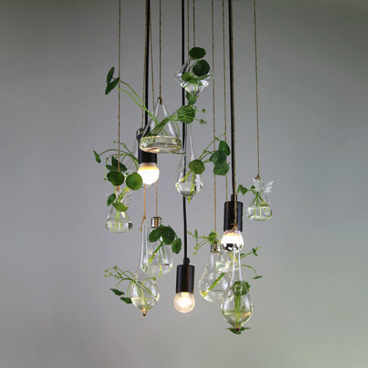 Green 3-Light Planter Cluster Pendant Industrial Clear Glass Teardrop Ceiling Hang Fixture with Open Bulb Clearhalo 'Ceiling Lights' 'Chandeliers' 'Glass shade' 'Glass' 'Industrial Pendants' 'Industrial' 'Middle Century Pendants' 'Pendant Lights' 'Pendants' 'Tiffany' Lighting' 790345