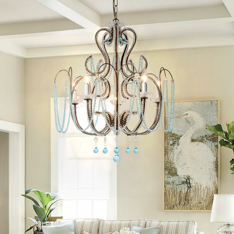 Candle Crystal Beads Hanging Chandelier Modernism 6 Bulbs Living Room Suspension Light in Rust Clearhalo 'Ceiling Lights' 'Chandeliers' 'Modern Chandeliers' 'Modern' Lighting' 790356